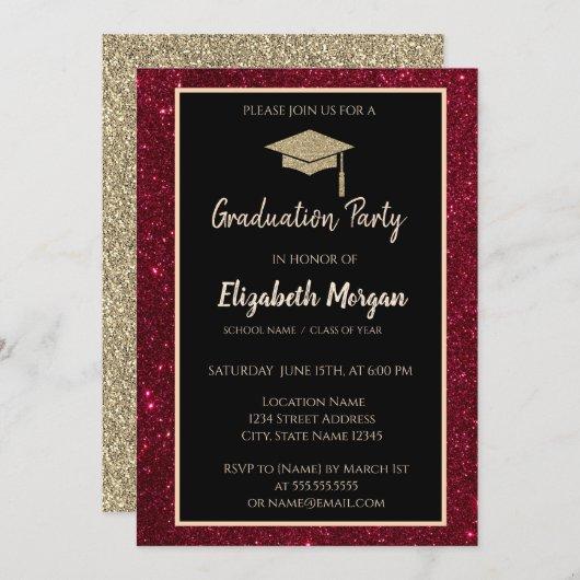 Gold Tiara Red Glitter Graduation Invitation