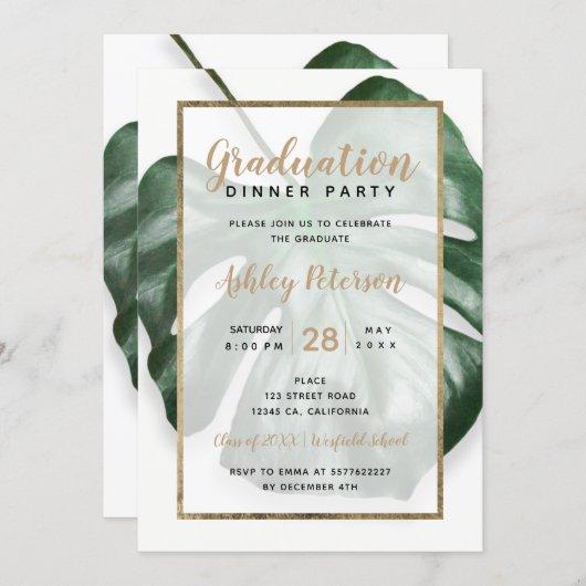 Gold tropical green monstera leaf graduation party invitation