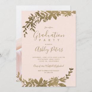 Gold typography leaf floral blush photo graduation invitation