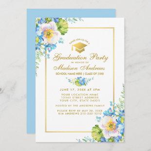 Gold Watercolor Blue Floral Grad Party Invite B