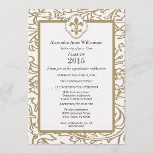 Gold White Fleur de Lis Floral Formal Graduation Invitation