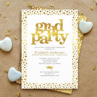 Gold white grad party modern bold typography chic invitation