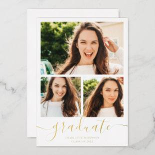 Gold white graduate script 3 photos graduation foil invitation