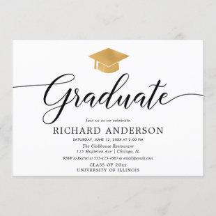 Gold white graduation party, simple calligraphy invitation