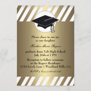 Gold White Striped Graduation Inivitation Invitation