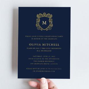 Golden Crest | Elegant Navy Graduation Party Foil Invitation