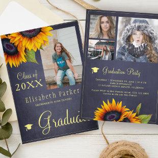 Golden sunflowers PHOTO collage graduation party Invitation