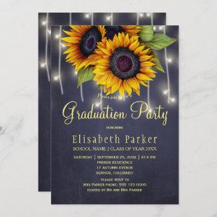 Golden sunflowers rustic lights graduation party invitation