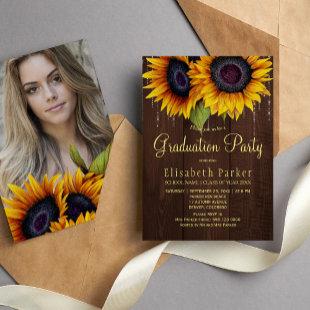 Golden sunflowers rustic PHOTO graduation party Invitation