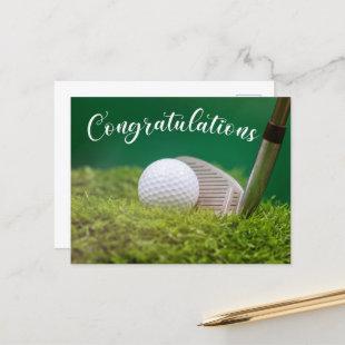 Golf ball with golf club Congratulations to golfer Announcement Postcard