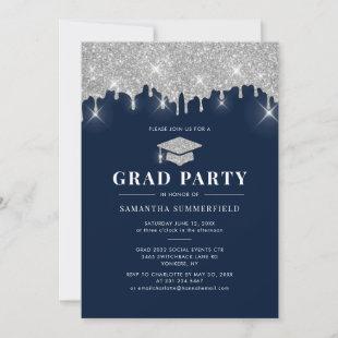 Grad 2022 Navy Silver Glitter Graduation Party Invitation