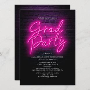 Grad 2023 Pink Neon 2 Photo Black Graduation Party Invitation