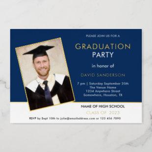 Grad 2024 Graduation Party Photo Navy White Gold Foil Invitation