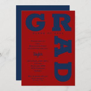 GRAD Blue on Dark Red Graduation Invitation