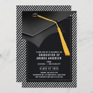 Grad Cap Black White Graduation Party Invitation
