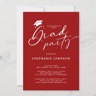 Grad Cap Calligraphy Crimson Red Graduation Party Invitation