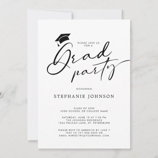 Grad Cap Chic Modern Calligraphy Graduation Party Invitation