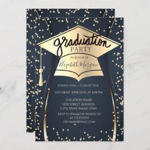 Grad Cap,Diamonds Navy Blue Graduation  Invitation