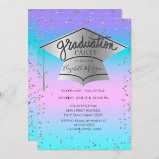 Grad Cap,Diamonds Ombre Holographic Graduation Invitation