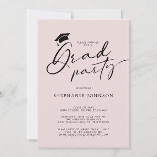 Grad Cap Modern Calligraphy Blush Graduation Party Invitation