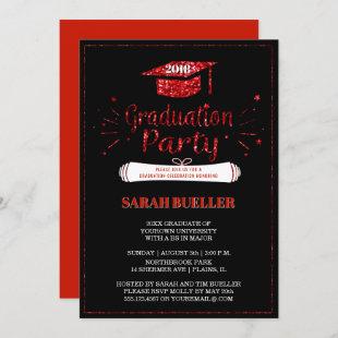 Grad Cap Red Glitter 2018 Graduation Party Invitation