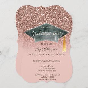 Grad Cap Rose Gold Glitter Ombre Graduation  Invitation