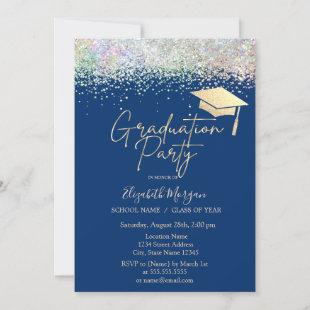Grad Cap Tassel Colorful Confetti Blue Graduation  Invitation