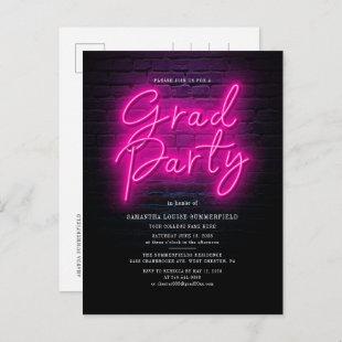 Grad Class 2022 Pink Neon Script Graduation Party Invitation Postcard