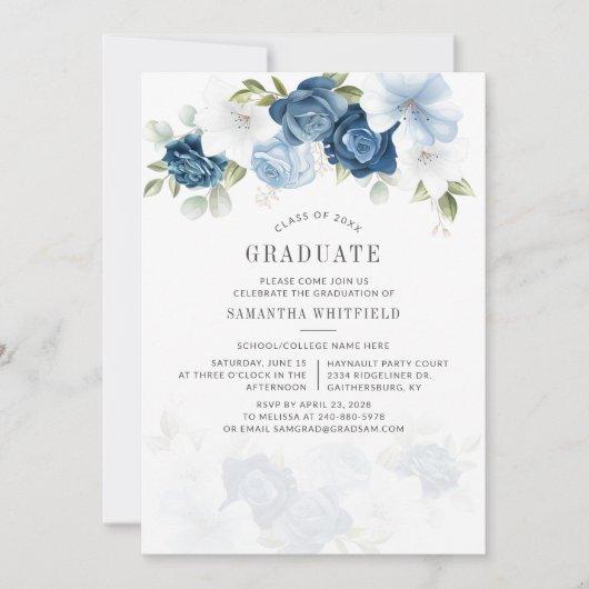 Grad Class of 2022 Dusty Blue Floral Graduation Invitation