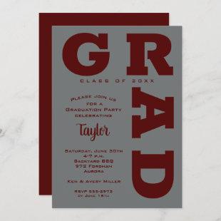 GRAD Dark Maroon on Gray Graduation Invitation