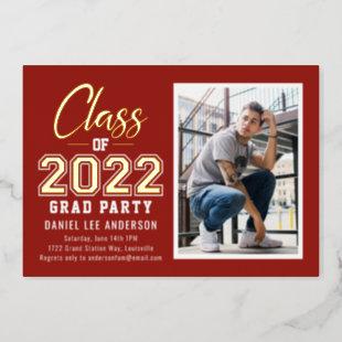 Grad Party | Auburn Red Photo Graduation Foil Invitation