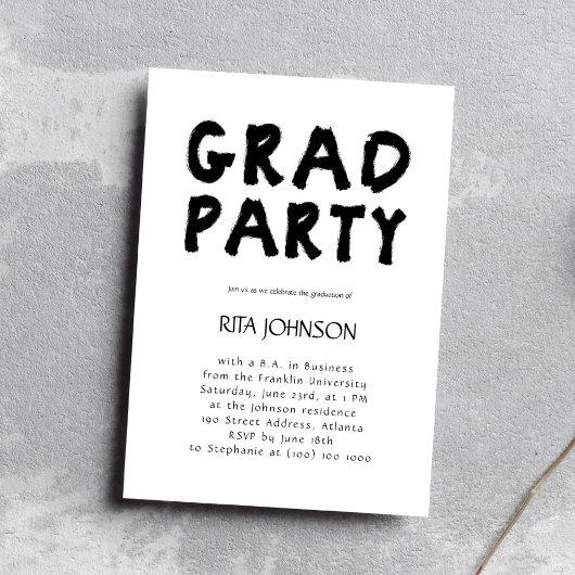 Grad Party Bold Black White Senior Graduation Invitation