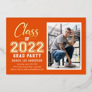 Grad Party | Bright Orange Photo Graduation Foil Invitation