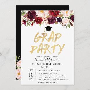 GRAD PARTY | burgundy floral graduation party Invitation