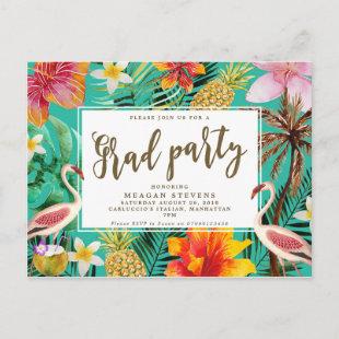 Grad Party invitation tropical flamingo hibiscus