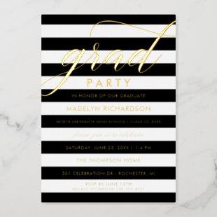 Grad Party Modern Black Stripes Gold Foil Invitation