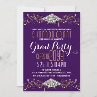 Grad Party Purple And Glitter Graduation Hat Invitation