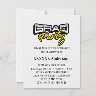 Grad Party Script Gold Black and White RSVP Card