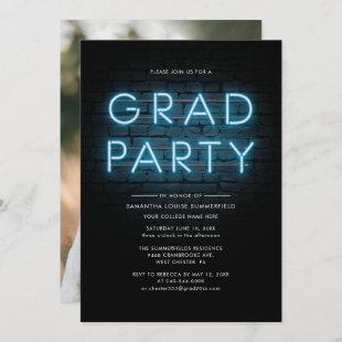 Grad Photo Blue Neon Graduation 2023 Party Invitation