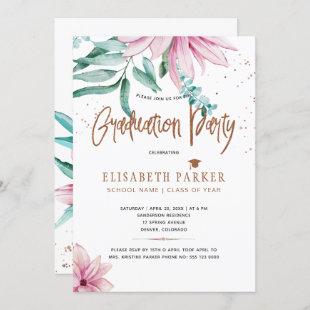 Grad pink floral copper glitter graduation party invitation
