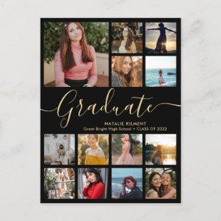Graduate 13 Photo Collage Black & Gold Graduation Announcement Postcard