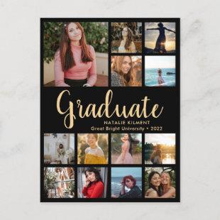 Graduate 13 Photo Collage Black & Gold Graduation Announcement Postcard