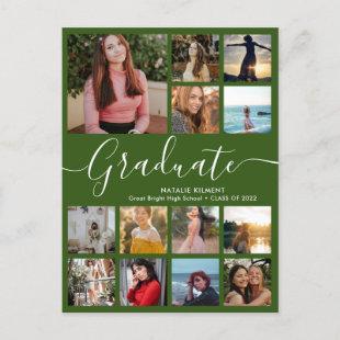 Graduate 13 Photo Collage Green & White Graduation Announcement Postcard