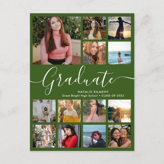 Graduate 13 Photo Collage Green & White Graduation Announcement Postcard