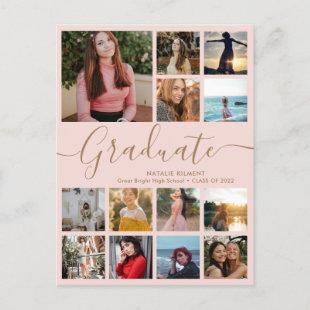 Graduate 13 Photo Collage Pink & Gold Graduation Announcement Postcard