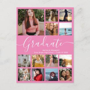 Graduate 13 Photo Collage Pink & White Graduation Announcement Postcard