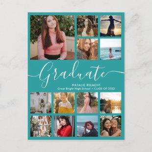Graduate 13 Photo Collage Teal & White Graduation Announcement Postcard