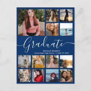 Graduate 14 Photo Collage Blue & White Graduation Announcement Postcard
