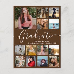 Graduate 14 Photo Collage Brown & White Graduation Announcement Postcard