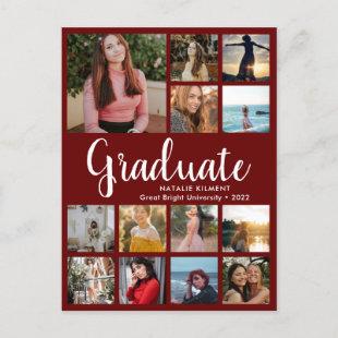 Graduate 14 Photo Collage Dark Red Graduation Announcement Postcard